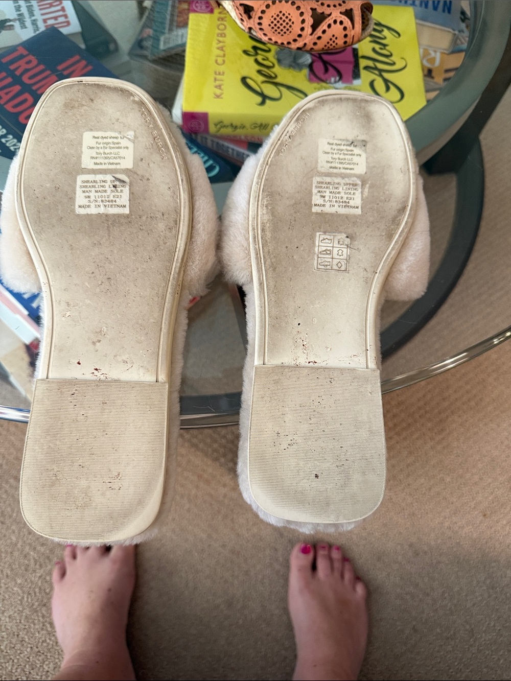Tory Burch Plush Fuzzy Slide Slippers in Light Beige - Picture 2 of 5